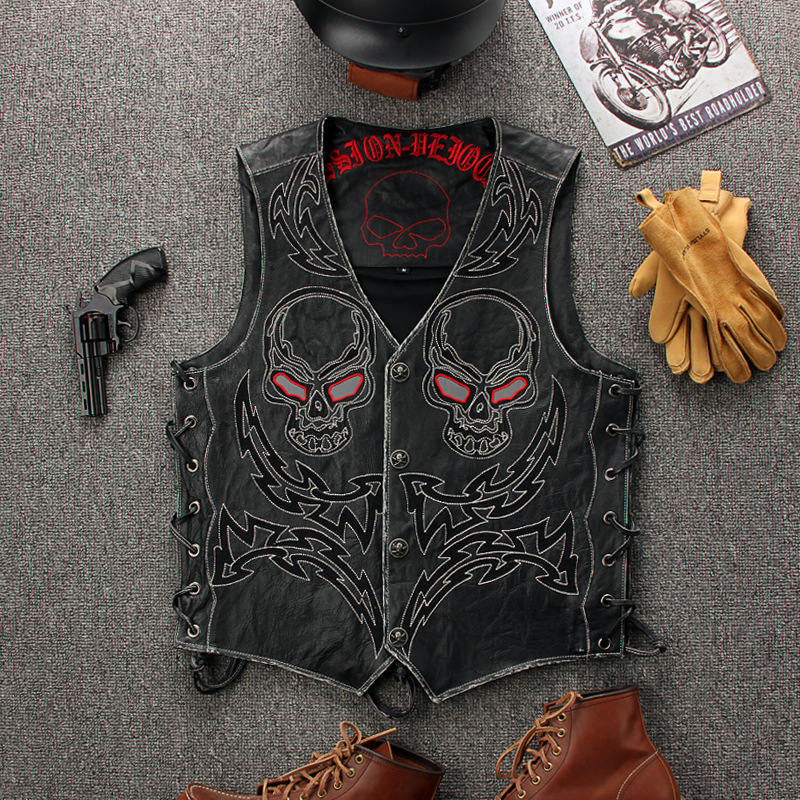 Title 2, Genuine Leather Embroidered Skull Vintage Tatte...