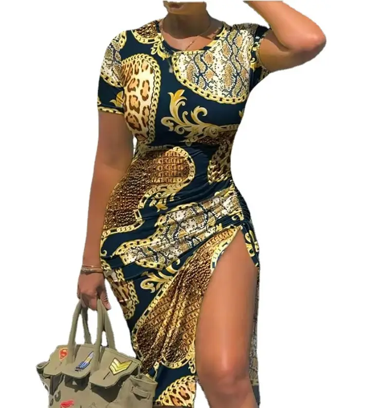 Printed Solid Color Short Sleeve Drawstring Dress