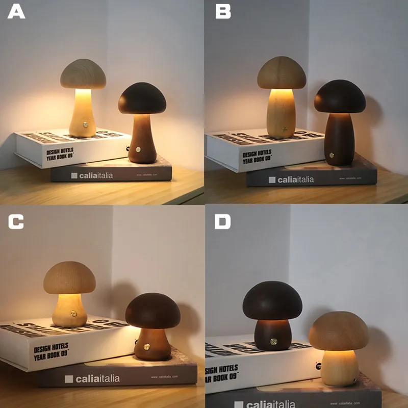 INS Wooden Cute Mushroom LED Night Light With Touch Switch Bedside Table Lamp For Bedroom Childrens Room Sleeping Night Lamps Home Decor – image 4