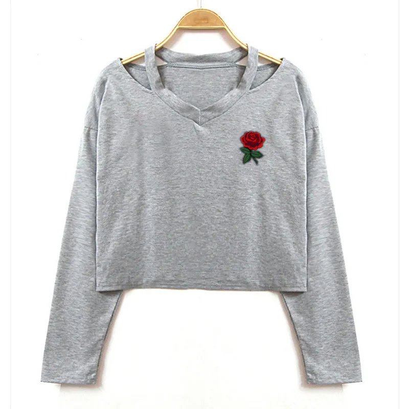 Long Sleeve Rose Halter Cross T-shirt - Grey