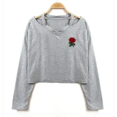 Long Sleeve Rose Halter Cross T-shirt - Grey - View 1