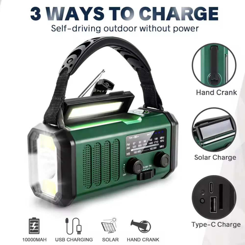 10 0 0 0mAh Wind Up Solar Radio Hand Crank Emergency FM AM USB Charger Led Torch UK