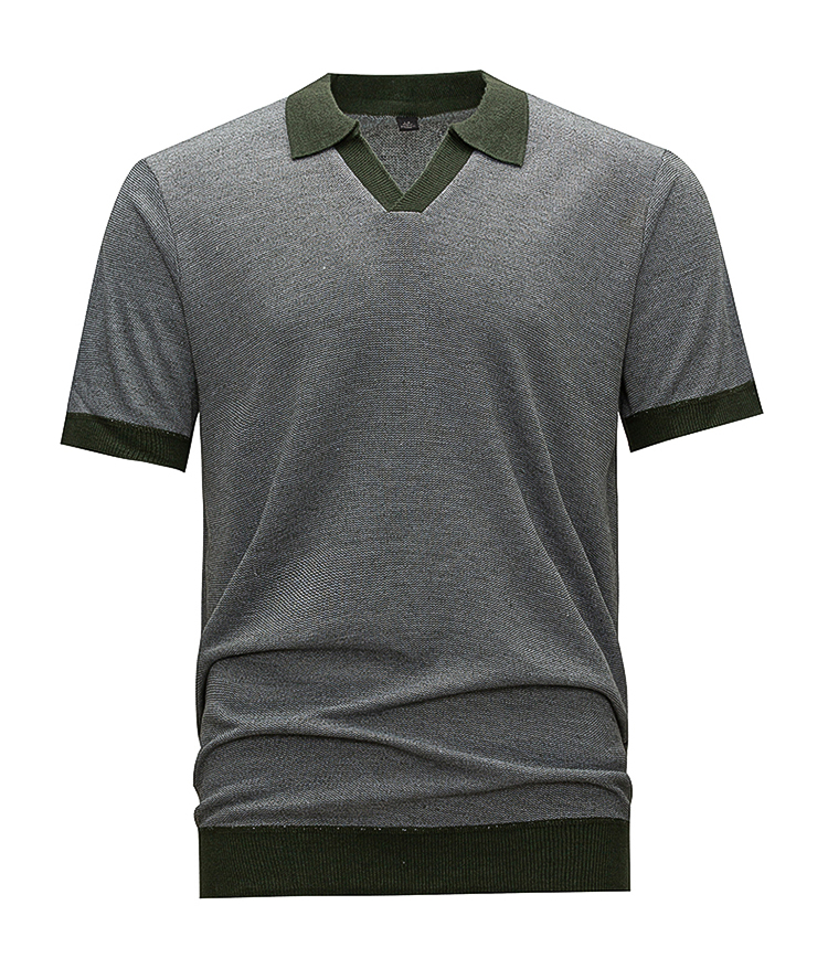 Men's Grey & Green Color Block Knit Polo Shirt, Short Sleeve Johnny Collar Casual Top