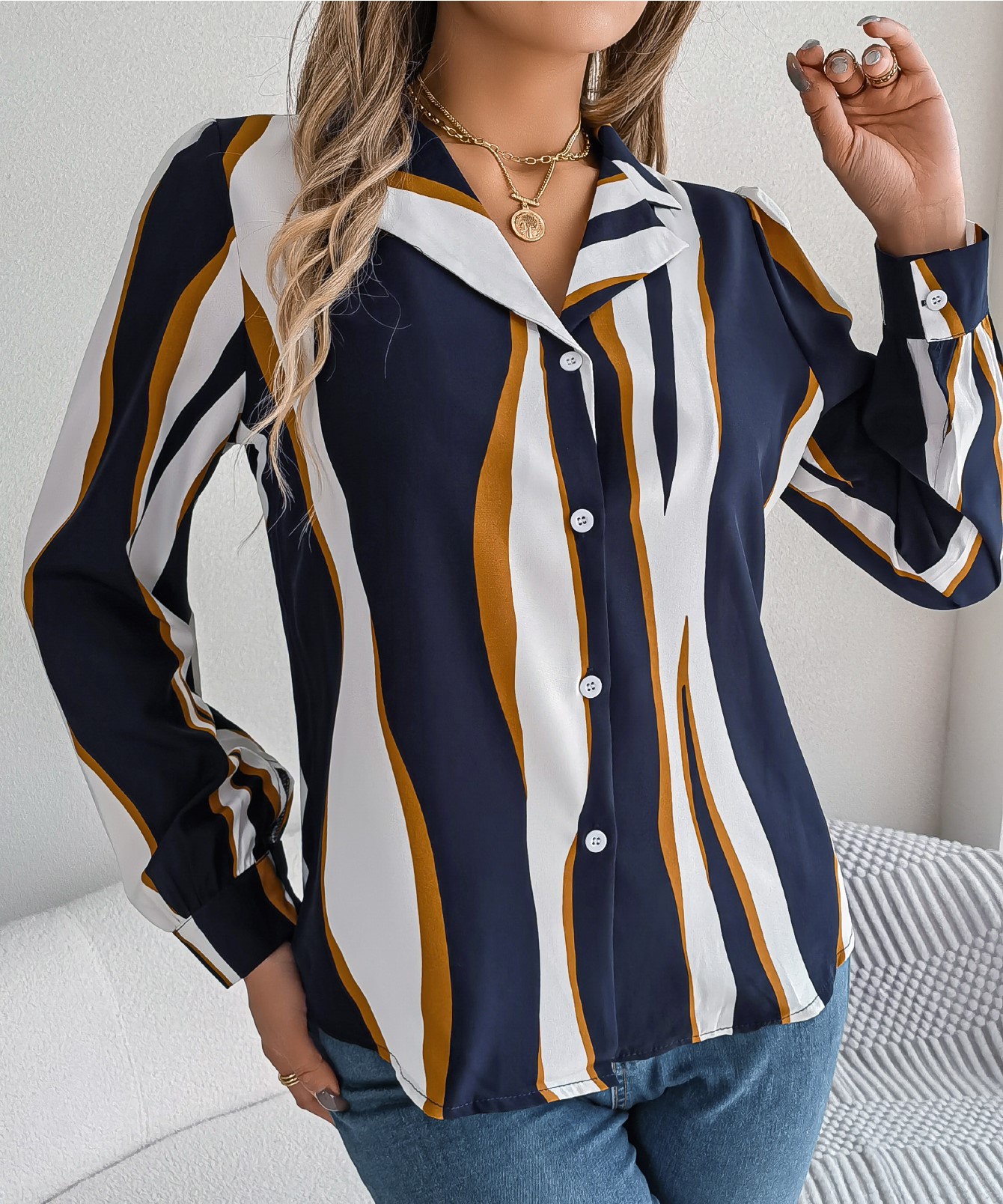 Women's Casual Versatile Color Block Stripe Notched Lapel Long Sleeve Shirt thumbnail 3