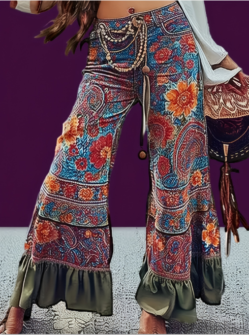 Pantalon évasé Ursime imprimé bohème à ourlet volanté – Color1, XL