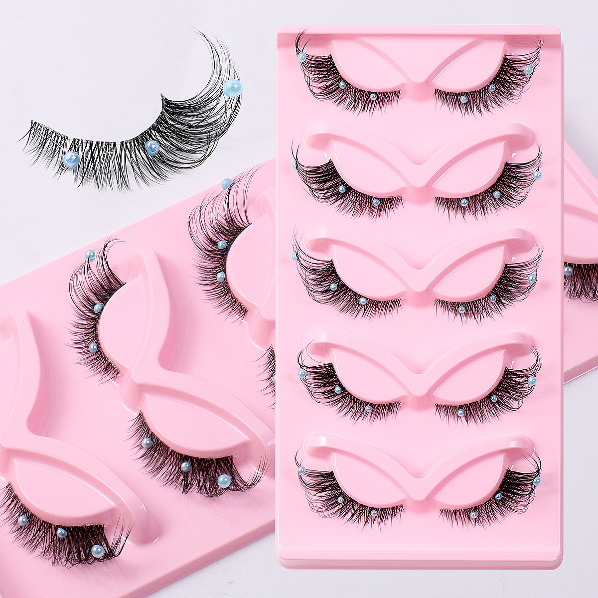 5 Pairs False Lashes Eyelashes Extension Cluster, Clear Band Corner Foxy Winged Cat Eye 3D Strip Lashes,  Dramatic Cosmetic Makeup