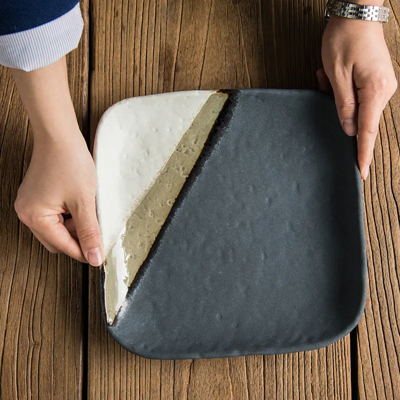 Retro Thick Ceramic Round Plate Square Salad Flat