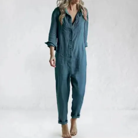 Women's Casual Polo Collar Pocket Long Sleeve Solid Color Cotton Jumpsuit - Shop at LoveMi