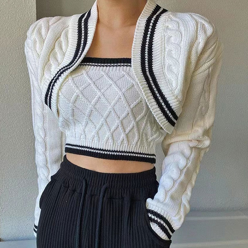 Tube Top Contrast Color Knitted Shawl Cardigan Two-piece Women's