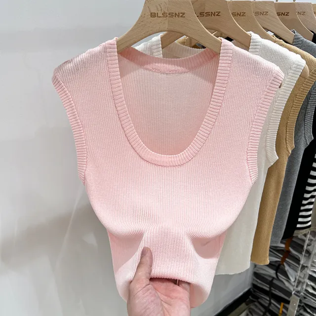 Women's U neck Knitted Vest Sleeveless Ice Silk Top Pink - Shop at LoveMi