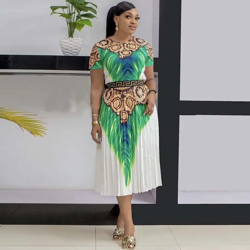 Fashion Digital Printing Round Neck Short-sleeved T-shirt With Pleated Skirt Suit