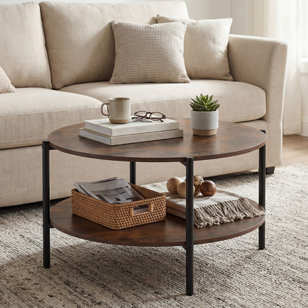 Round Coffee Table 2-Tier Industrial Accent Table With Open Storage Shelf With Adjustable Foot Pads For Apartments And Compact Spaces