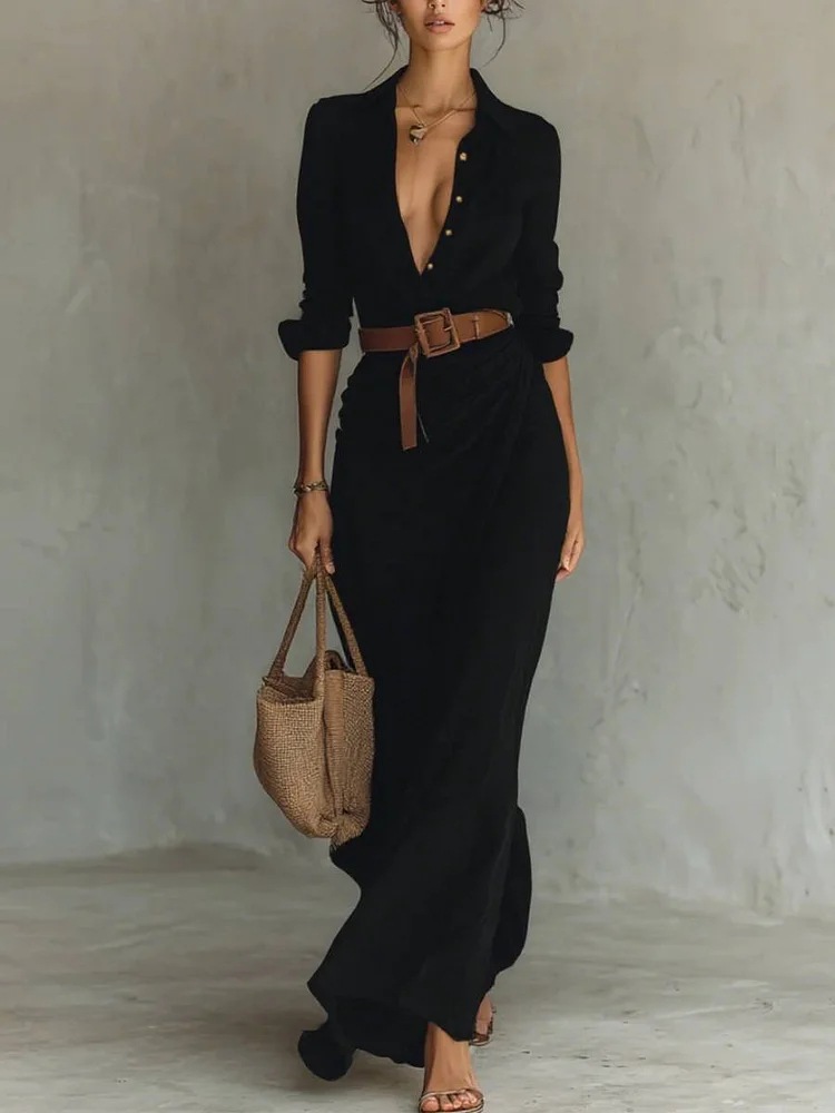 Elegant Shirt Maxi Dress With Belt – Turn Down Collar Long Sleeve Ruched Wrap Dr