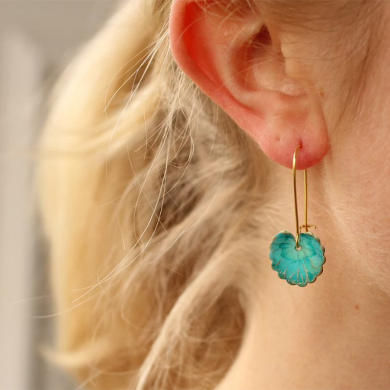 Title 1, Vintage Green Leaf Turquoise Lily Long Earrings