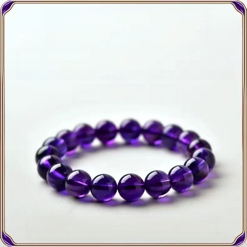 Natural Dark Amethyst Bracelet Uruguayan Amethyst Round Beaded Chain Unisex Energy Jewelry