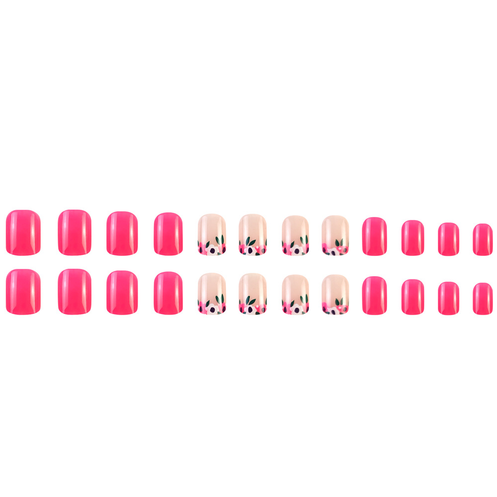 24 Pieces Of Short Square Floral French-style Pressed Nail Pink Acrylic Nail Stickers With Gradient Wearability, Including 1 Piece Of Jelly Glue And 1 Nail File. Nail Accessories. — foto 5
