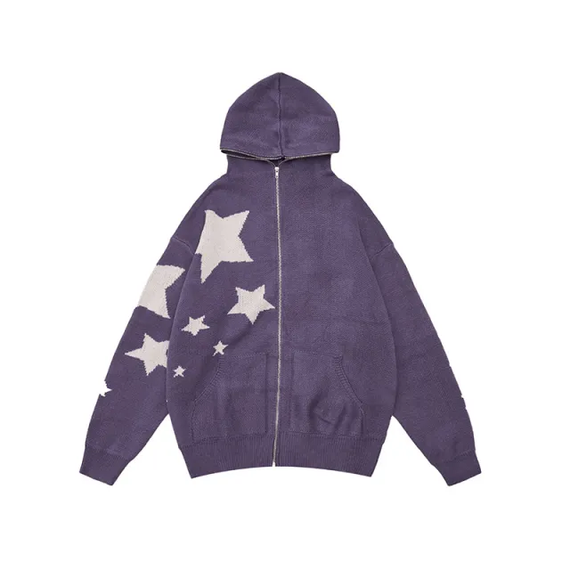 Star Yarn Dyed Loose Hooded Sweater Purple - Shop at LoveMi
