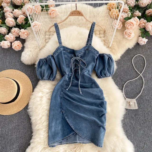 Summer Women's Scheming Pleated Slim Short Denim Suspender Skirt Blue - Shop at LoveMi