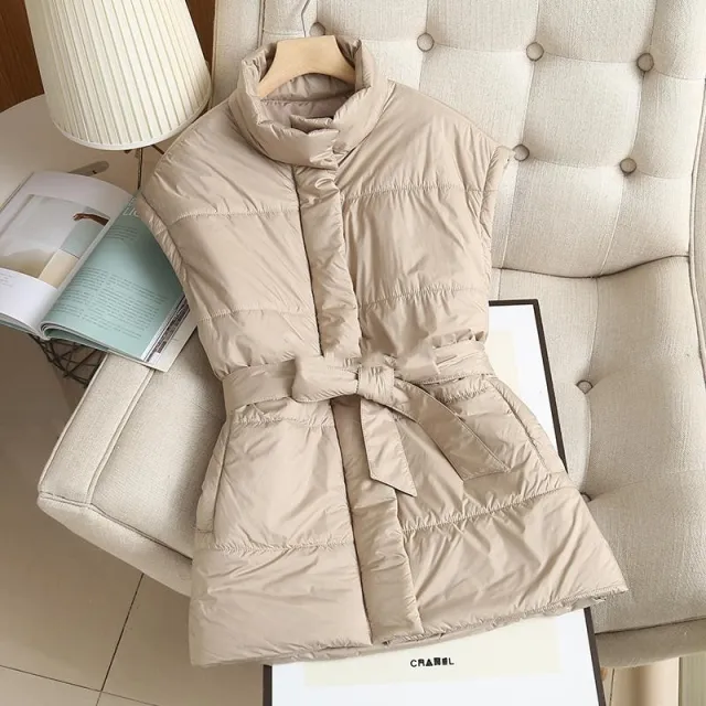 Women's High Collar Belt Cotton Vest Beige - Shop at LoveMi