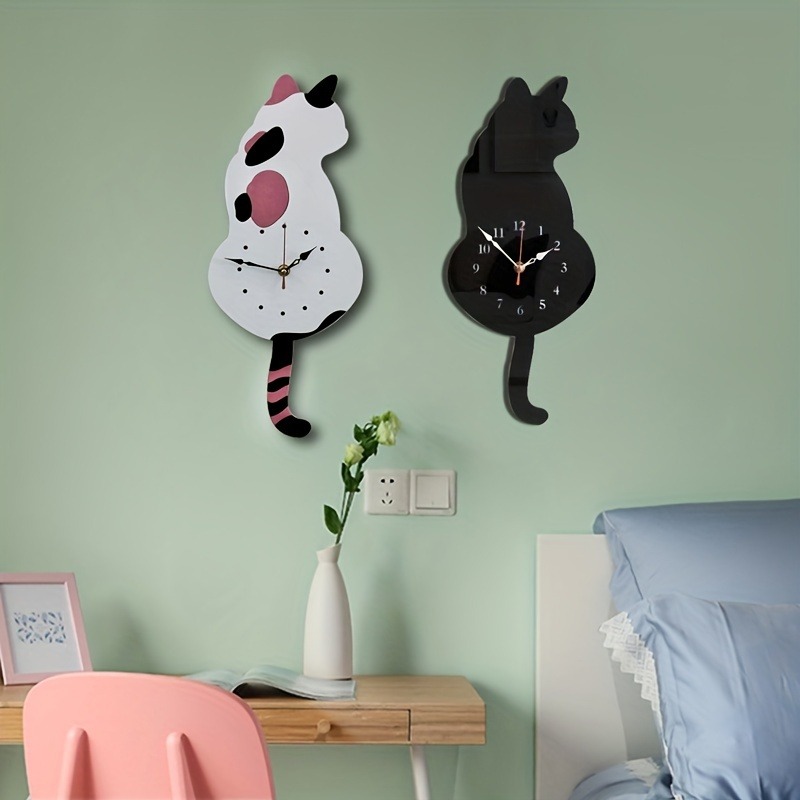 Title 3, Whimsical Black Cat Pendulum Wall Clock With Mo...