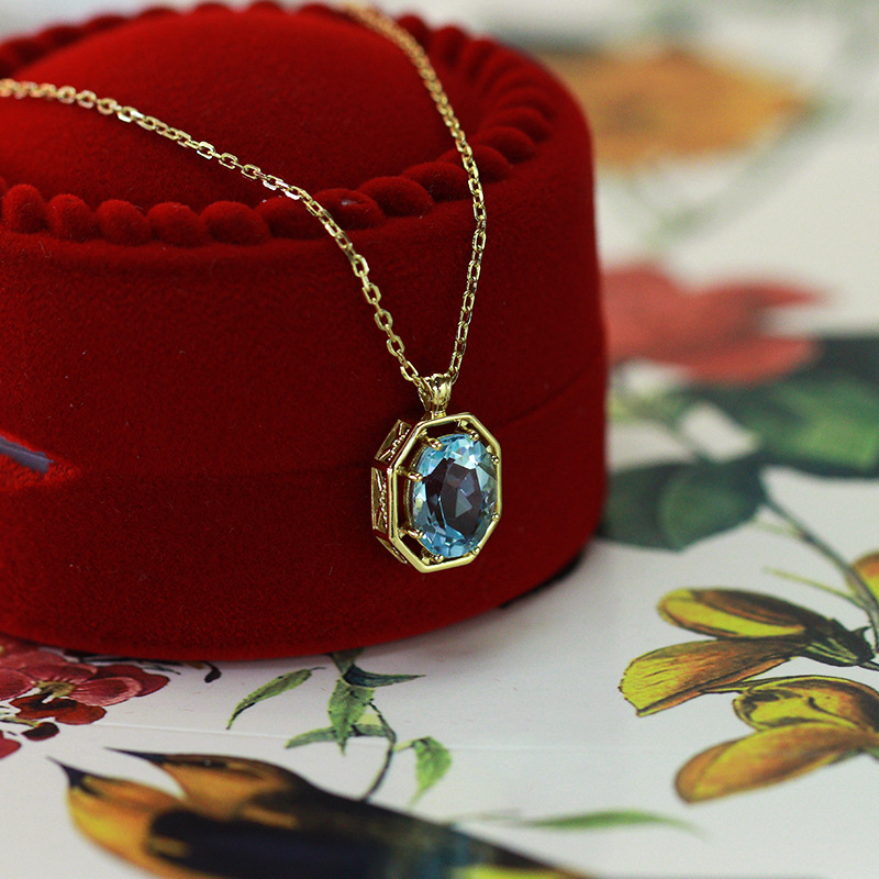 Silver Vintage Sky Blue Topaz Necklace Clavicle Chain Women