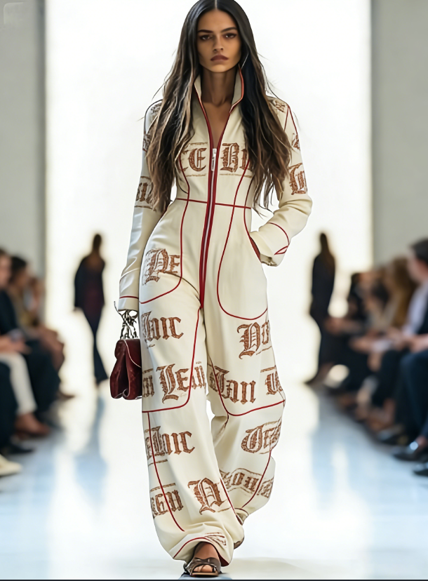 Zippered Long-sleeved Casual Wide-leg Jumpsuit
