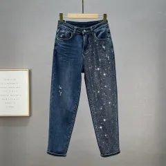 Loose Jeans Women's Cotton Elastic High Waist Slimming Hot Rhinestones - Dark Blue - View 1