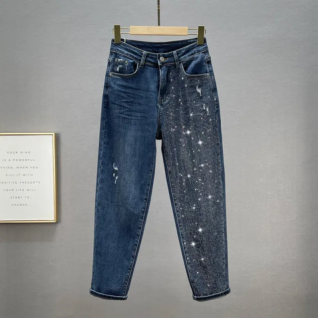 Loose Jeans Women's Cotton Elastic High Waist Slimming Hot Rhinestones Dark Blue - Shop at LoveMi