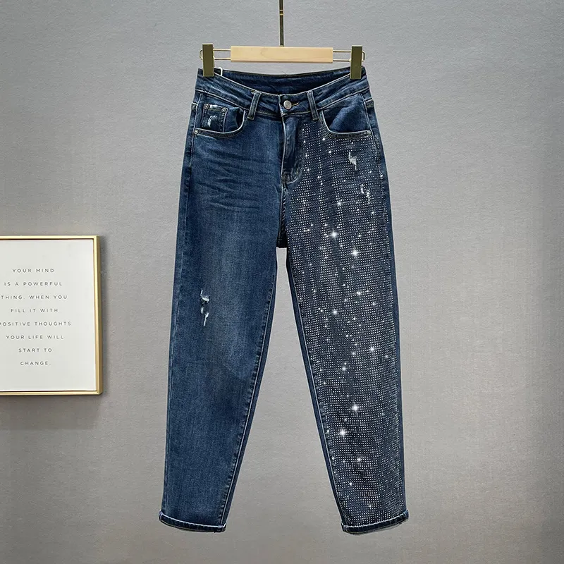 Loose Jeans Women's Cotton Elastic High Waist Slimming Hot Rhinestones - Dark Blue