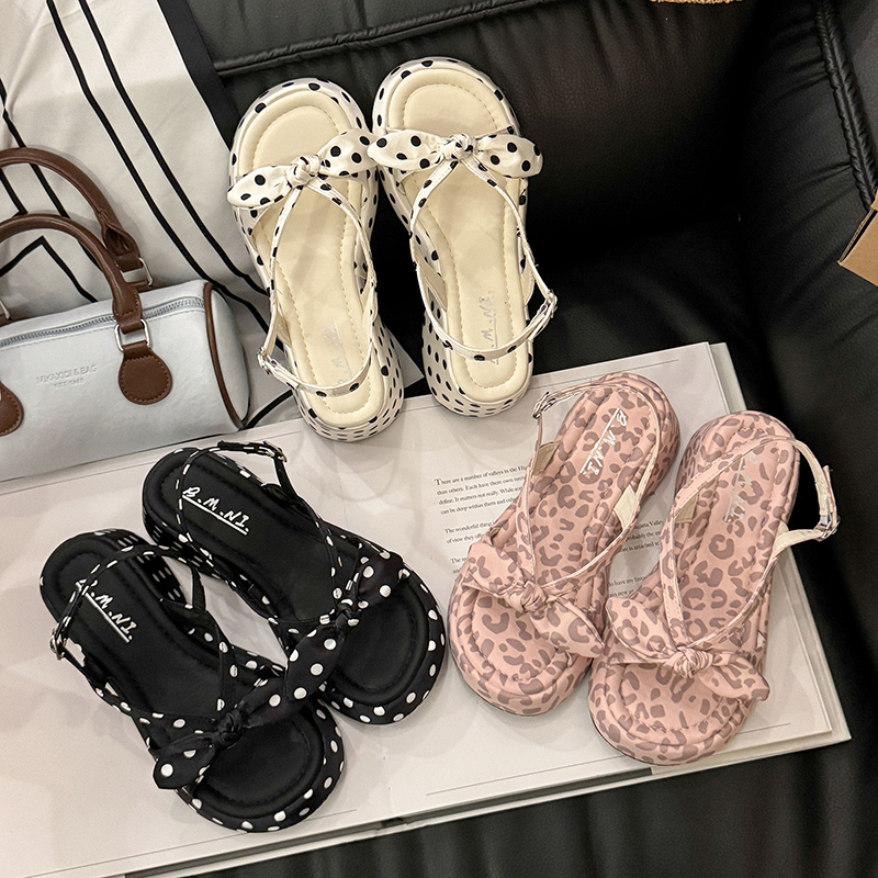 Women Sweet Girly Oversized Front Bow Platform Wedge Slingback Sandals Matching Casual Daily Picnic Vacation Beach Walking Polka Dot product image
