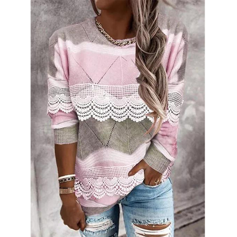 Fashionable Round Neckline Pullover Color Block Casual Top