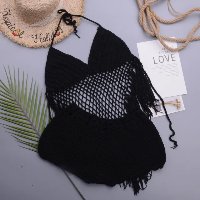 Hollow Crochet Tassel Strap Top Split Swimsuit Black - Shop at LoveMi