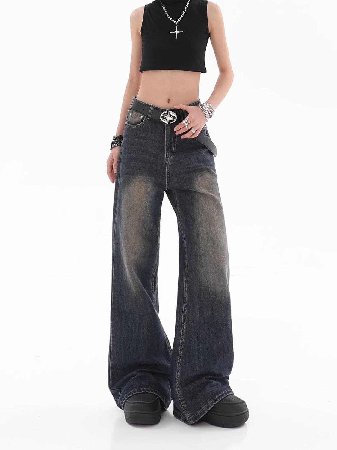 Title 10, Damen Loose Hänge Jeans Vintage Destroyed Strai...