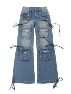 Women's Multi-pocket Heavy-duty Washed Drawstring Jeans - Old Colour - View 1