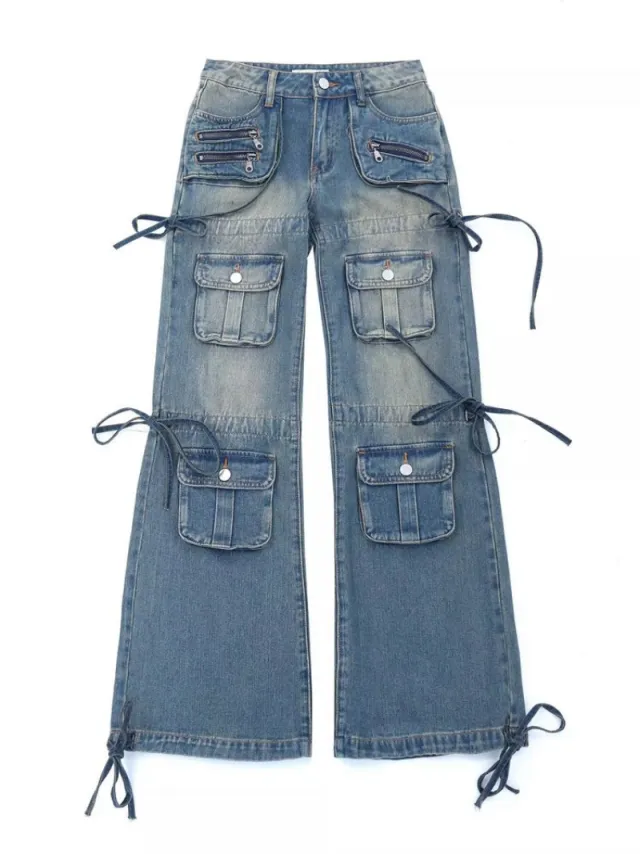 Women's Multi pocket Heavy duty Washed Drawstring Jeans Old Color - Shop at LoveMi