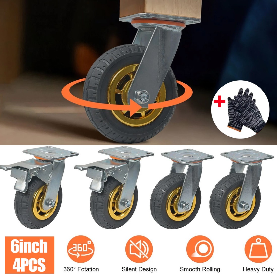 4Pcs 6 Inch Heavy Duty Swivel Caster Wheels Castor 1 000KG Load, 2 With Brakes — image 12