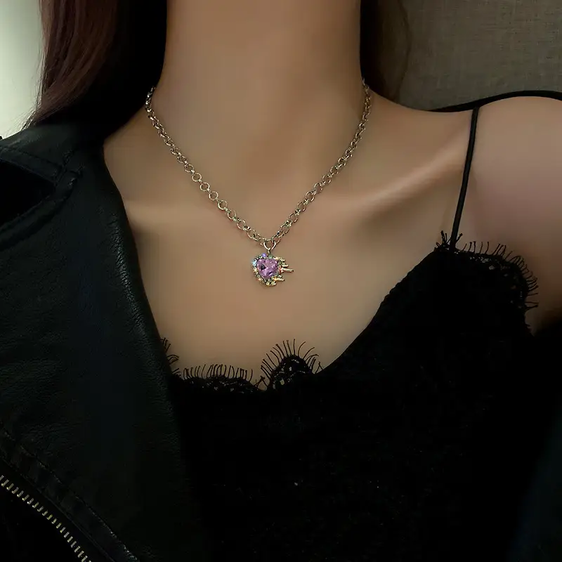 Women Fashion Vintage Crystal Purple Heart Necklace Earrings