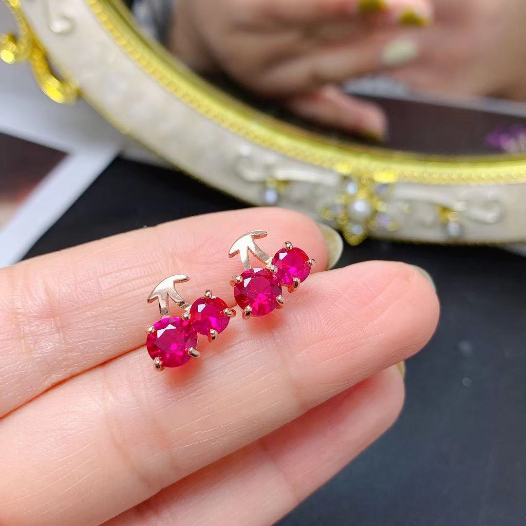 Title 6, Red Corundum Small Cherry 925 Silver Stud Earrings