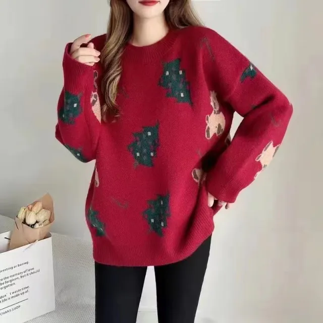 Christmas sweater women wear round neck pullover Red - Shop at LoveMi