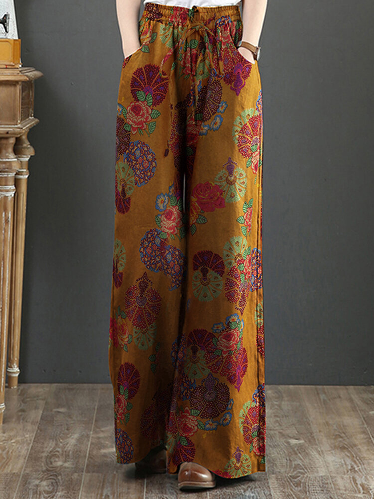 Title 1, New cotton and linen printed wide-leg pants women