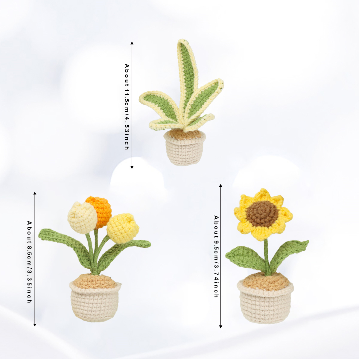Handmade Crochet Potted Blossom Three Piece Set With Tulip Sunspot Flower Foliage Plant Soft Yarn Everlasting Crochet Decor Indoor Home Magnetic Decoration Orna