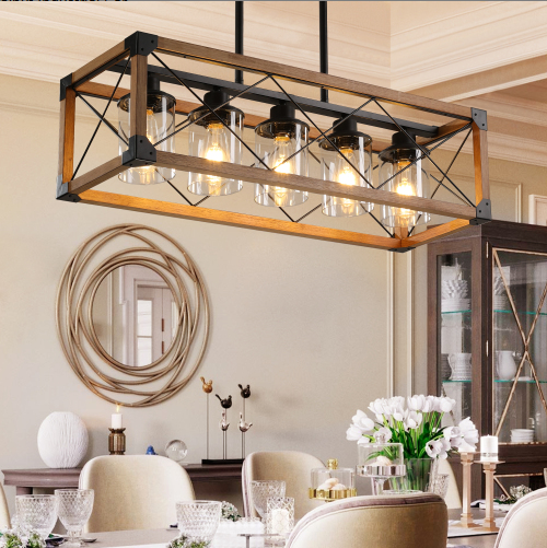 32 Inch Walnut Industrial Farmhouse Rectangle Pendant Light, 5-Light Chandelier With Lampshades For Dining Room, Kitchen Island, Cafe Decor No Bulbs - Image 3