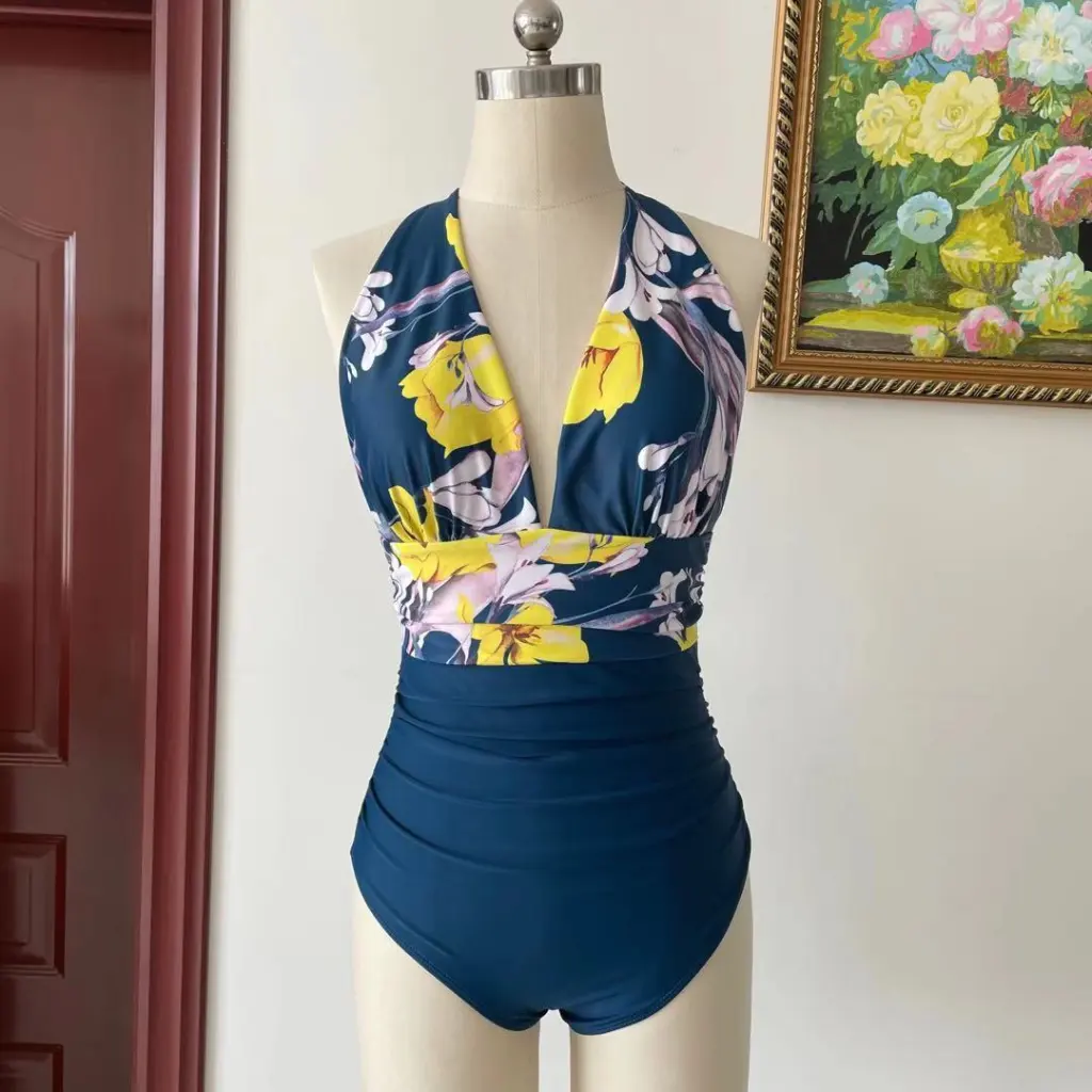 Sexy Printed One-Piece Swimsuit - Blue