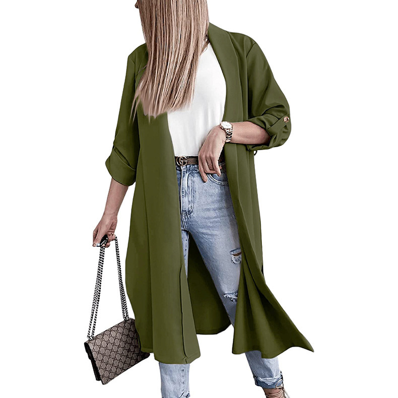 Title 17, Lengthened Solid Color Trench Coat Without Belt...