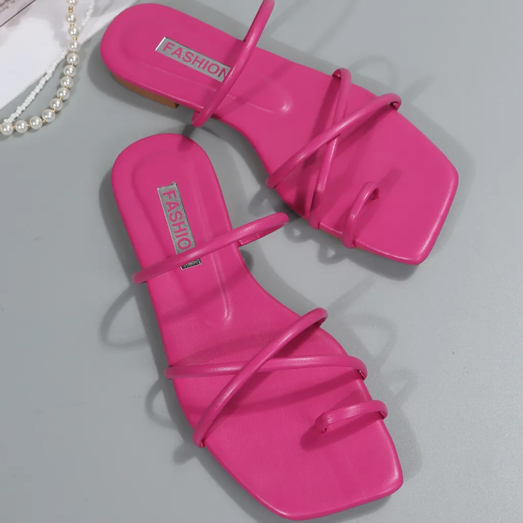 Flat Square Toe Thin Strap Ladies Sandals - Red