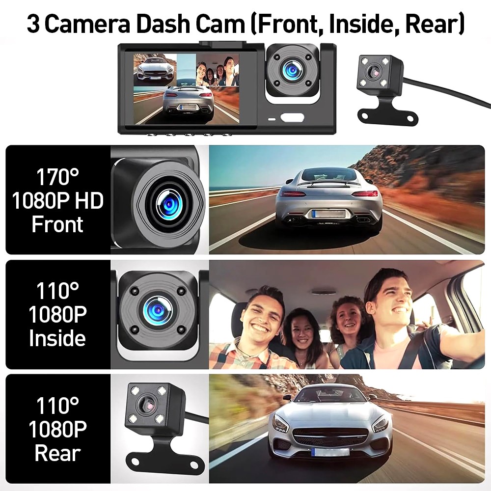 3 Lens Car Dash Cam Kit Front And Rear Camera HD Taxi DVR Security Recorder — image 11