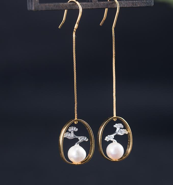 S925 Silver Retro Style Freshwater Pearl Earrings