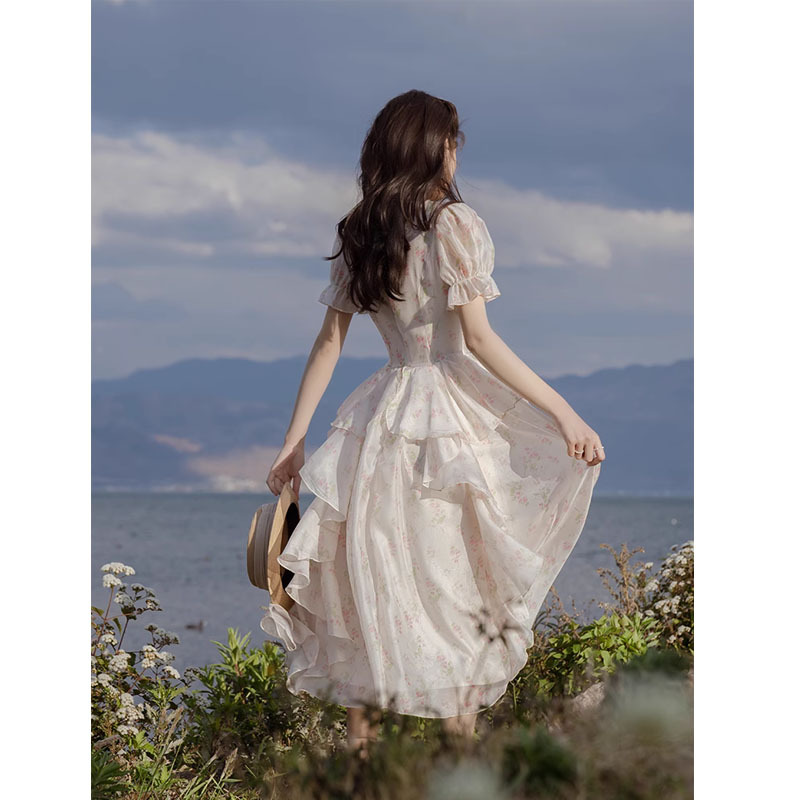 French Style Retro Princess Floral Chiffon Dress