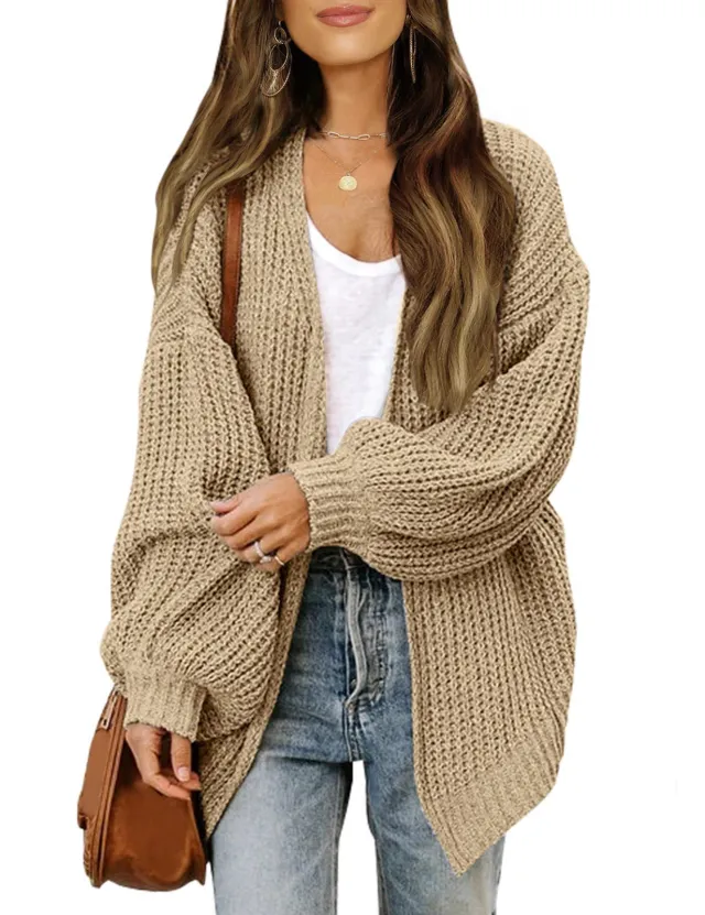 Fashion Lantern sleeved Sweater With Pockets Casual Loose Solid Knit Cardigan Autumn Tops Womens Clothing Light Khaki - Shop at LoveMi