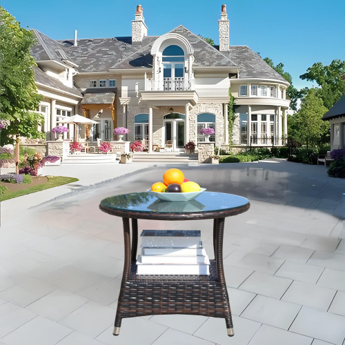 Outdoor Patio Furniture 1 Round Coffee Table With Clear Tempered Glass Brown - Shop at LoveMi
